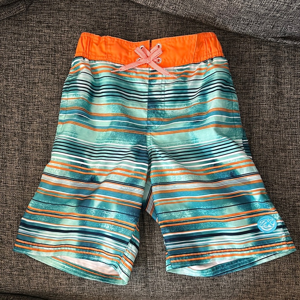 Orange and Blue Swim Trunks with Artistic Stripes